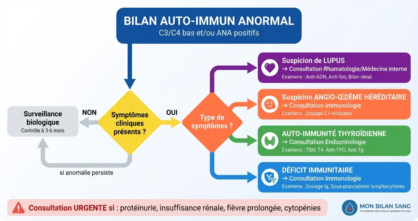 Algorithme décisionnel d'orientation diagnostique pour un patient présentant des anomalies du bilan auto-immun, avec arbre décisionnel guidant vers les spécialités appropriées selon les symptômes
