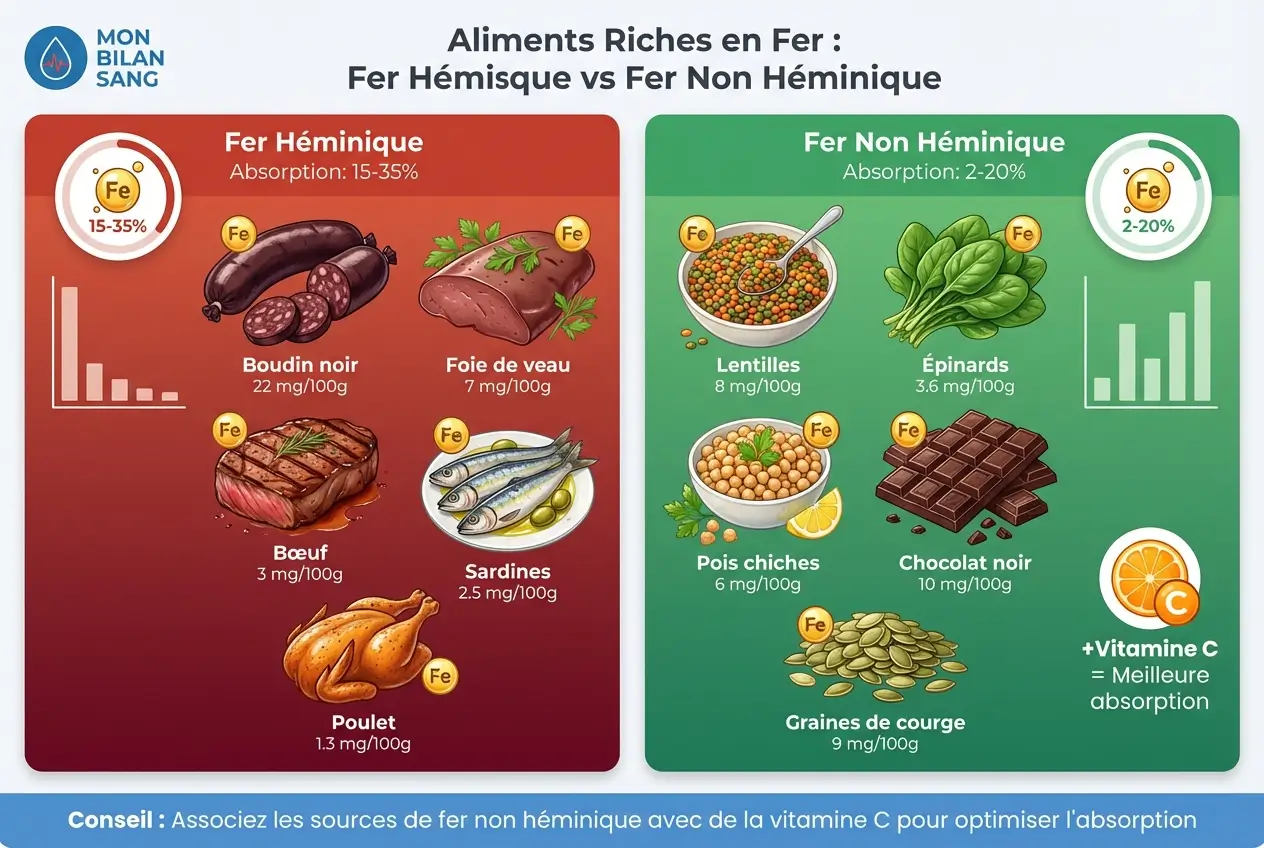 Infographie comparative des aliments riches en fer : fer héminique (boudin noir, foie, bœuf, sardines) avec 15-35% d'absorption vs fer non héminique (lentilles, épinards, pois chiches, chocolat noir) avec 2-20% d'absorption