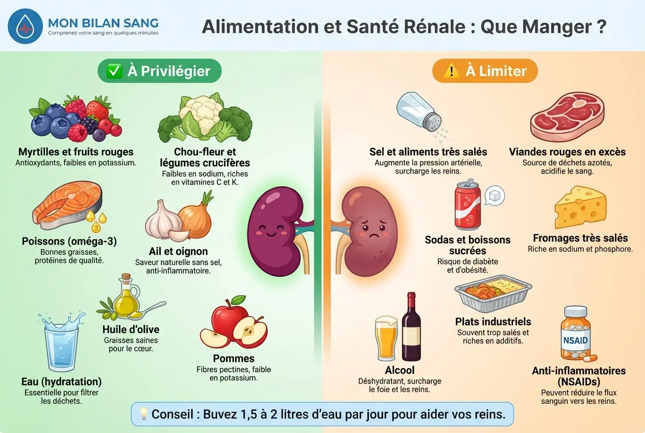 Infographie comparative des aliments pour la santé rénale : à privilégier (myrtilles, chou-fleur, poisson, ail, huile d'olive) vs à limiter (sel, viandes rouges, sodas, plats industriels, alcool)