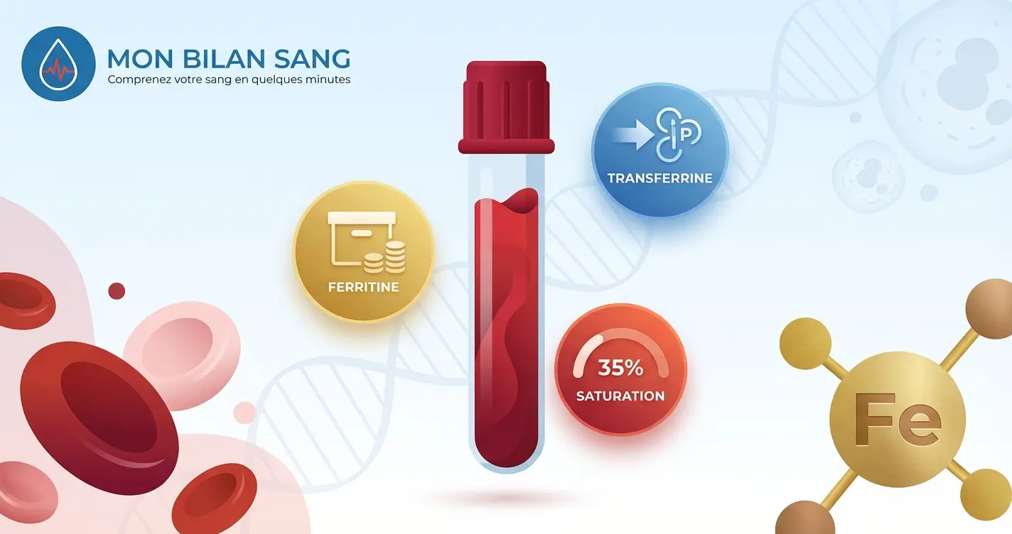 Illustration d'un tube de prélèvement sanguin entouré de symboles représentant la ferritine, la transferrine et le coefficient de saturation en fer