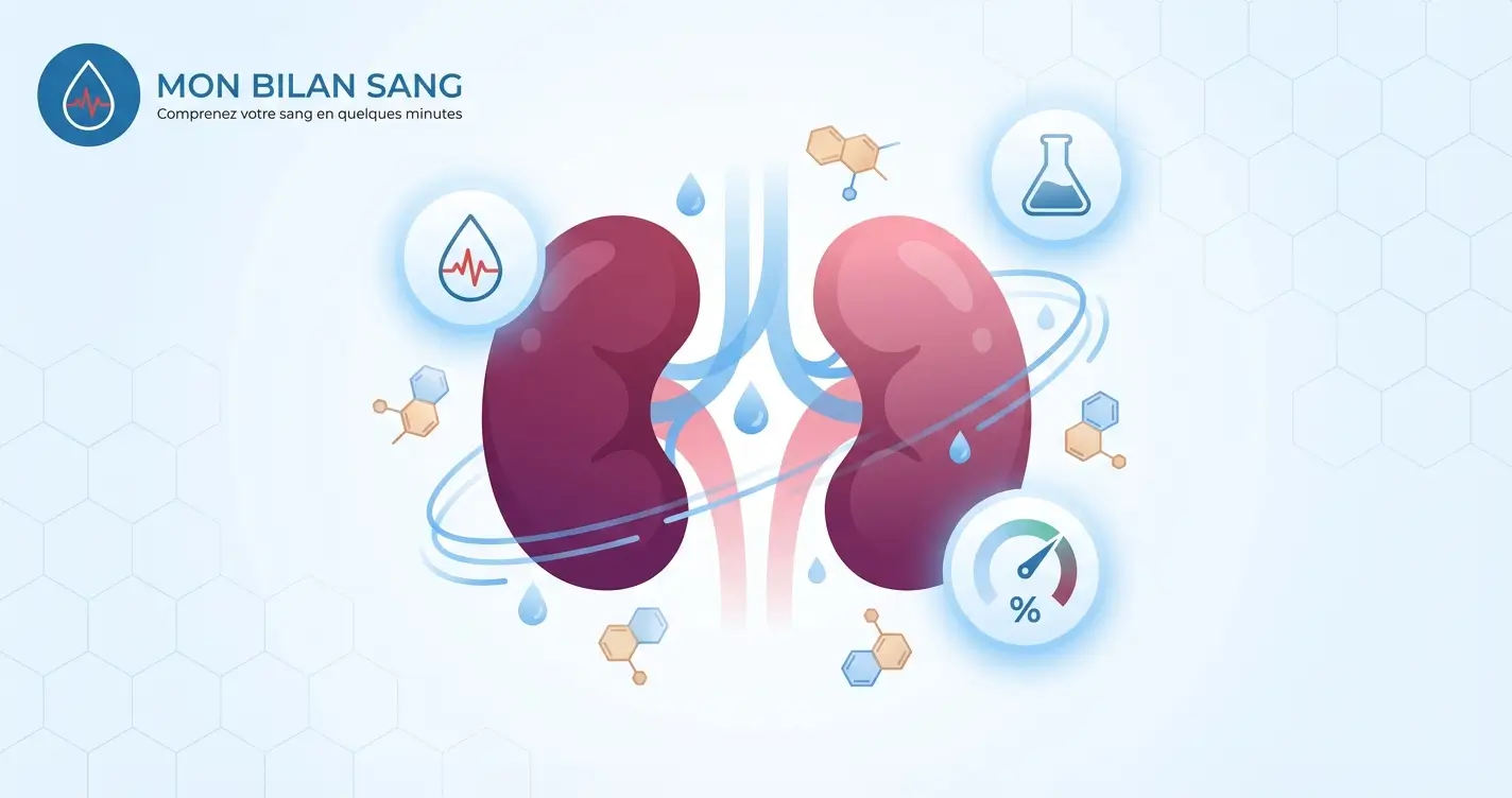 Illustration de deux reins stylisés entourés de symboles représentant la filtration sanguine, la créatinine et les analyses de la fonction rénale