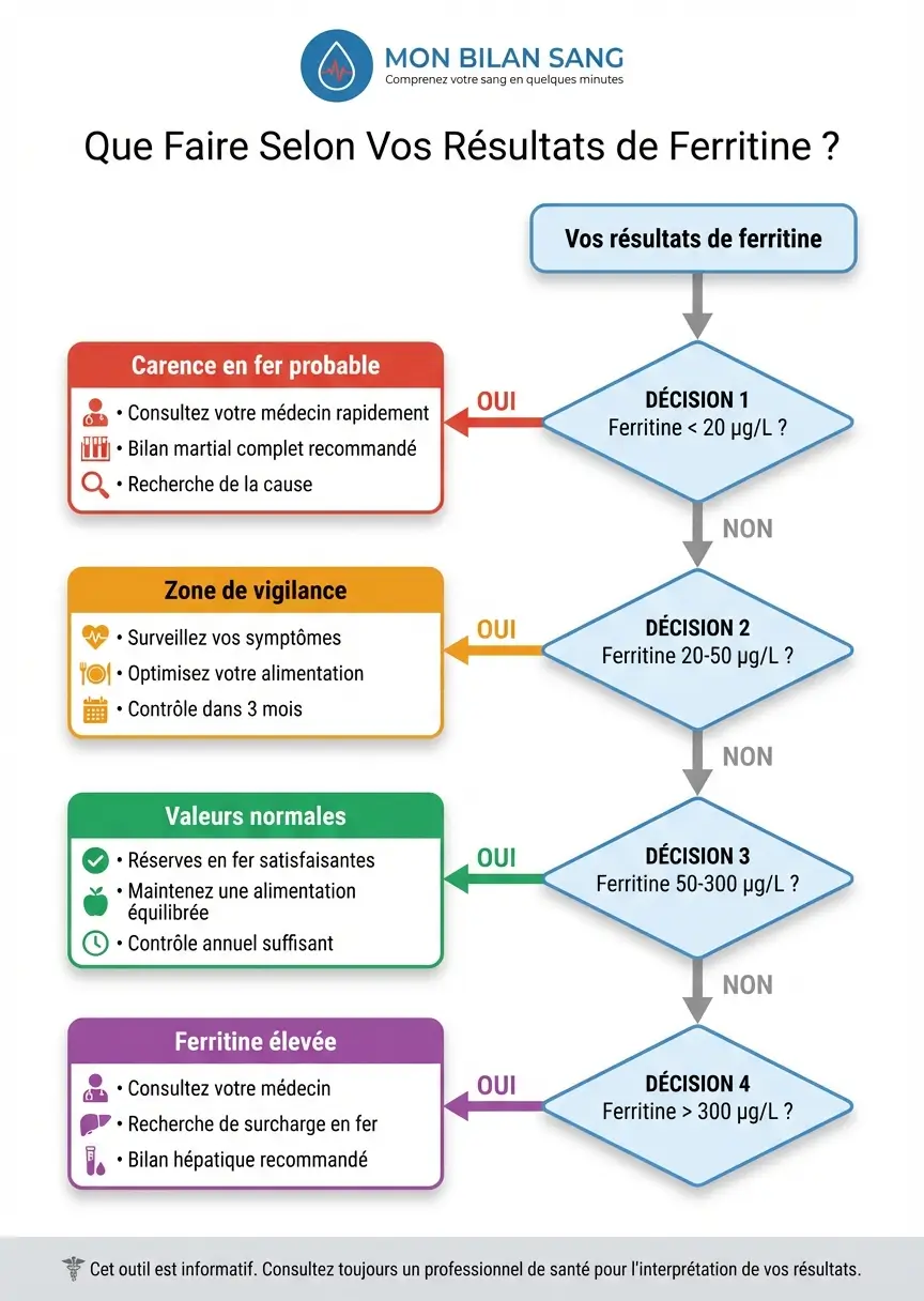 Flowchart d'aide à la décision pour interpréter les résultats de ferritine : carence si inférieur à 20, vigilance entre 20-50, normal entre 50-300, élevé au-dessus de 300 μg/L