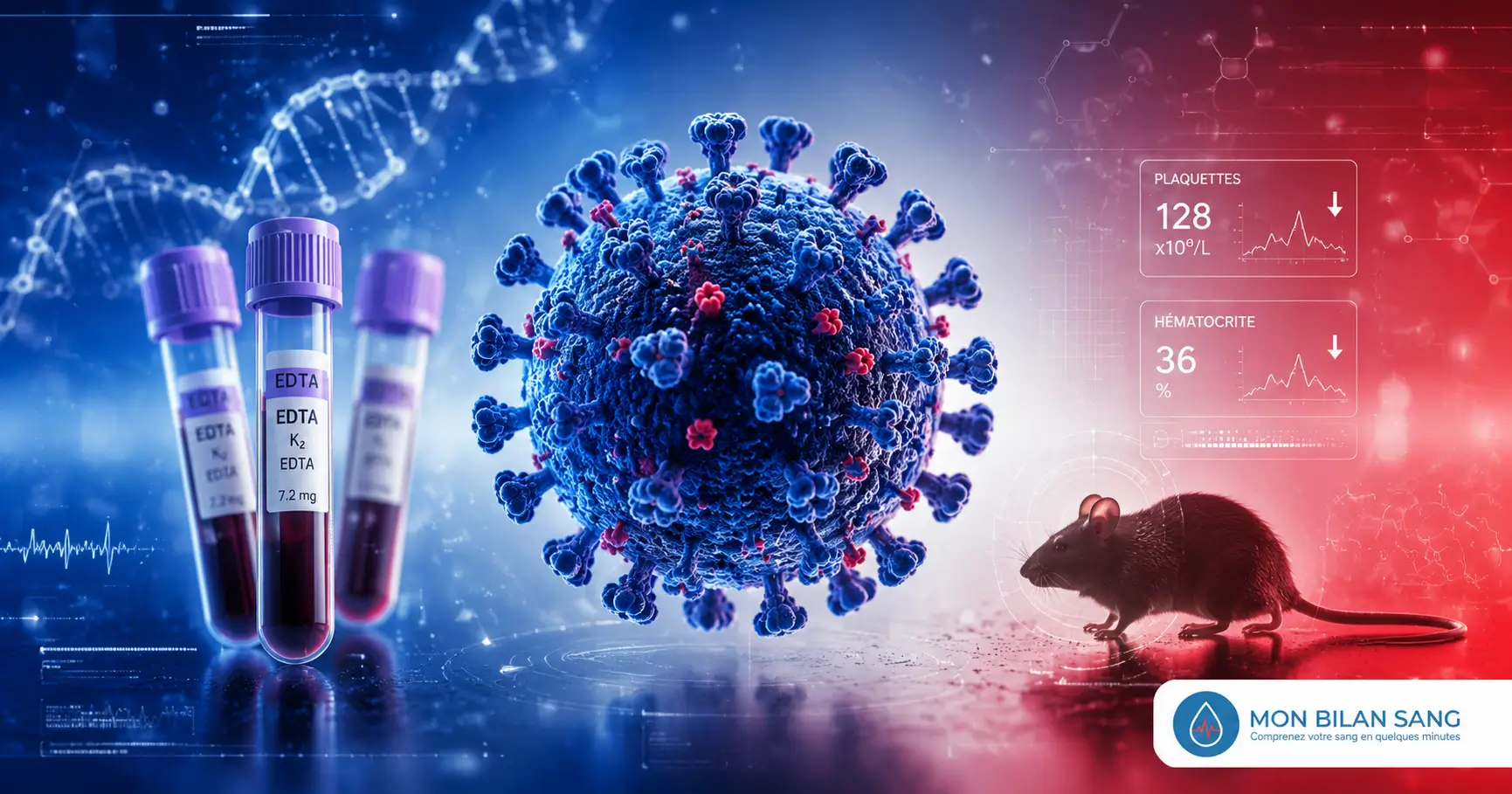 Illustration médicale 2026 montrant une particule de virus hantavirus stylisée entourée de tubes de prélèvement sanguin, d'un rongeur en silhouette et d'éléments graphiques en bleu et rouge évoquant le diagnostic biologique