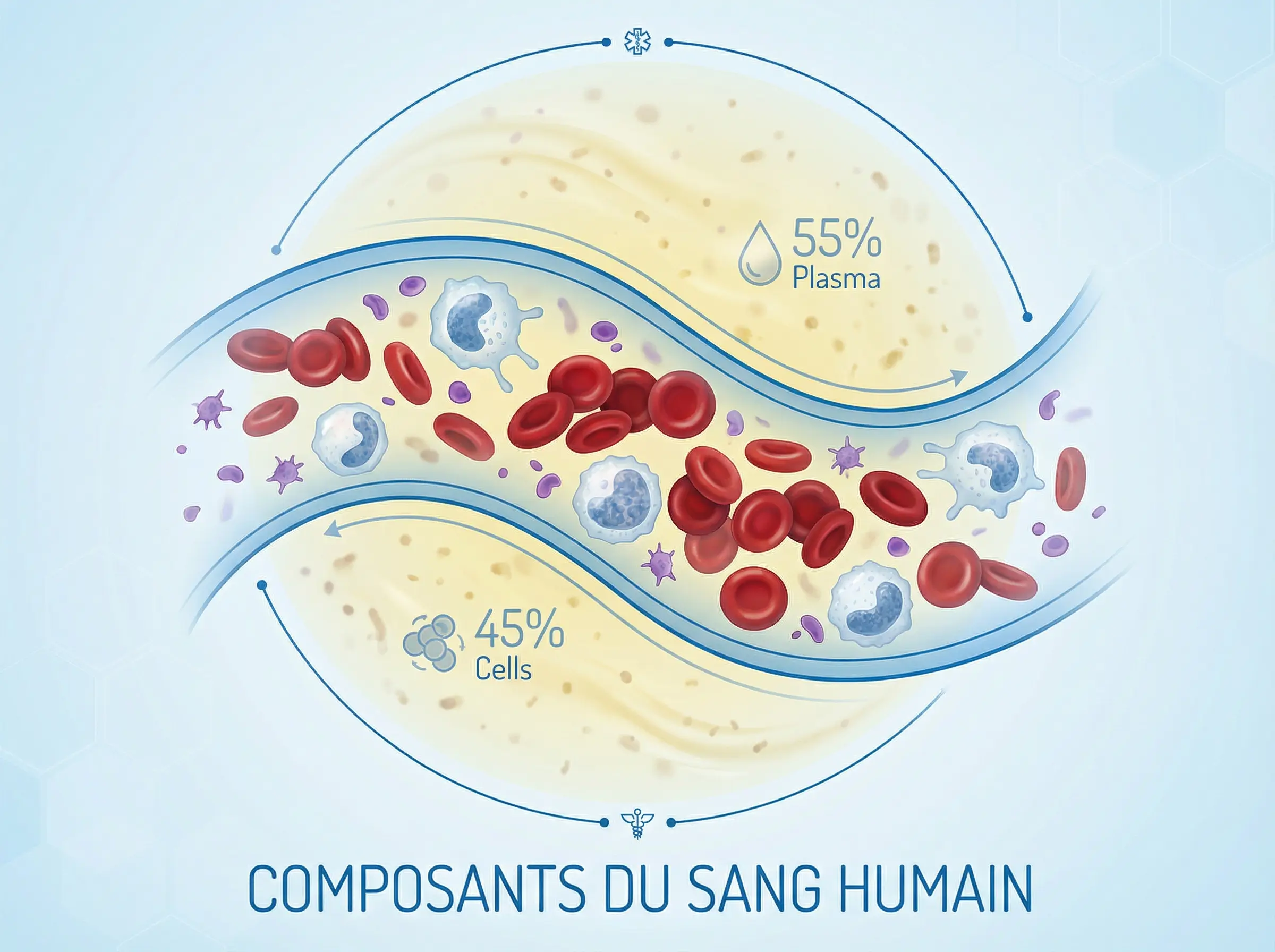 Infographie des composants du sang : globules rouges, globules blancs, plaquettes et plasma