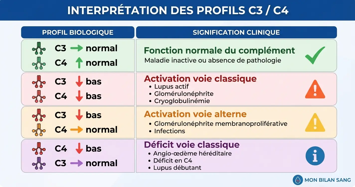 Tableau d'interprétation des profils C3 et C4 du complément montrant quatre scénarios : normal, activation de la voie classique avec C3 et C4 bas dans le lupus, activation de la voie alterne avec C3 bas seul, et déficit en C4 isolé dans l'angio-œdème héréditaire
