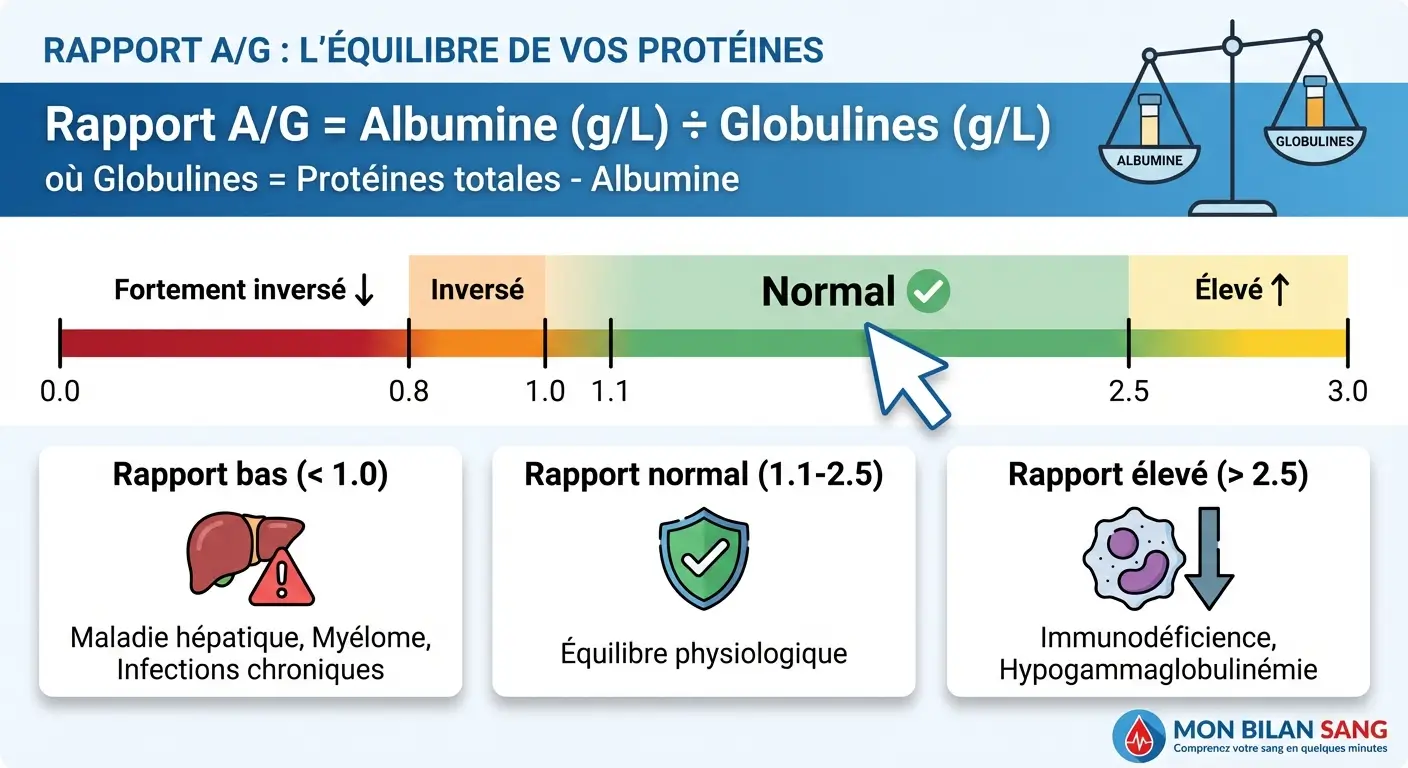Schéma explicatif du rapport albumine/globuline montrant la formule de calcul, les valeurs normales (1,1 à 2,5) et l'interprétation clinique des ratios bas et élevés