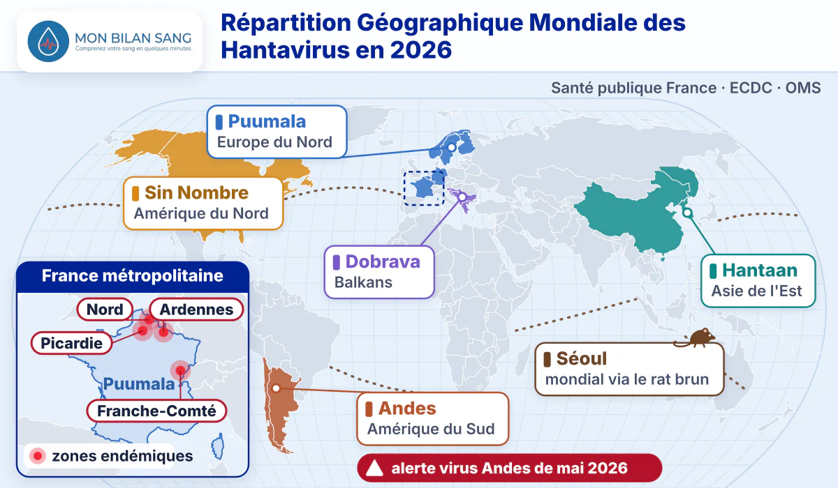 Carte mondiale de la répartition géographique des hantavirus pathogènes en 2026 : virus Puumala en Europe du Nord et France métropolitaine (zones endémiques Ardennes, Franche-Comté, Picardie), Dobrava dans les Balkans, Hantaan en Asie de l'Est, Sin Nombre en Amérique du Nord, Andes en Amérique du Sud, Séoul mondial via le rat brun