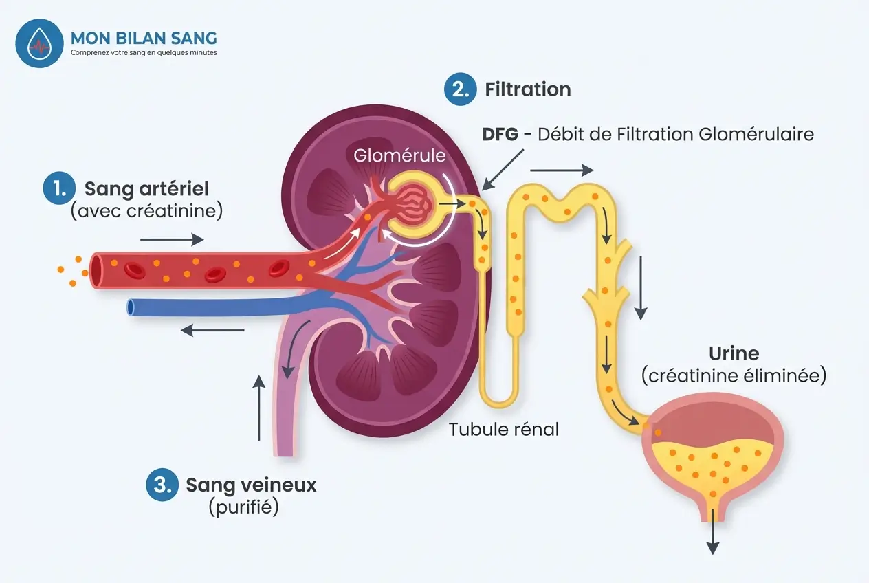 Diagramme illustrant le processus de filtration rénale : le sang entre dans le rein, la créatinine est filtrée par le glomérule, et éliminée dans l'urine tandis que le sang purifié retourne dans la circulation