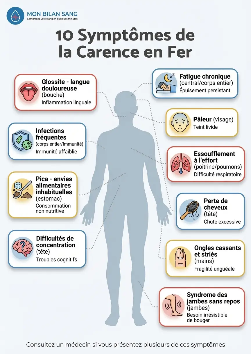Infographie montrant les 10 symptômes de carence en fer : fatigue, pâleur, essoufflement, perte de cheveux, ongles cassants, jambes sans repos, difficultés de concentration, pica, infections fréquentes et glossite