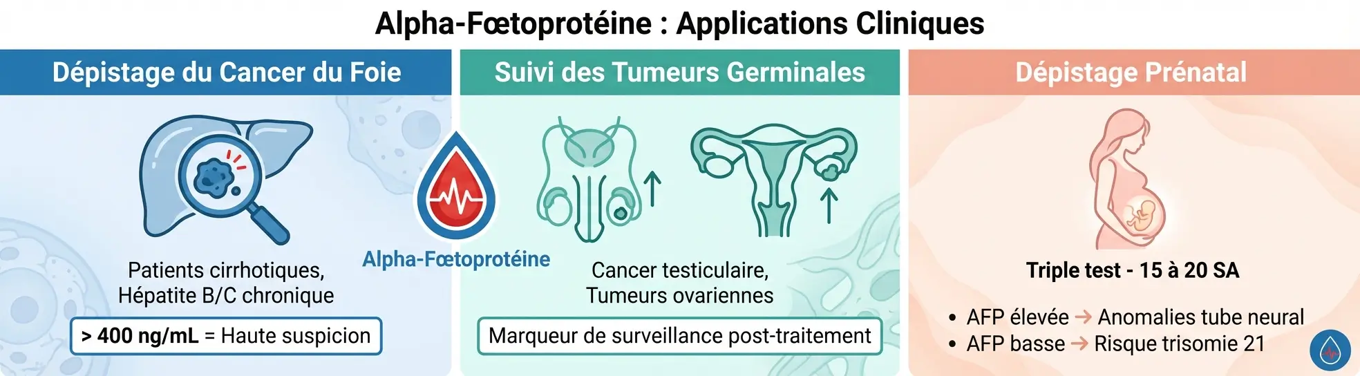 Infographie présentant les applications cliniques du test AFP : dépistage du carcinome hépatocellulaire, suivi des tumeurs germinales et dépistage prénatal des anomalies fœtales